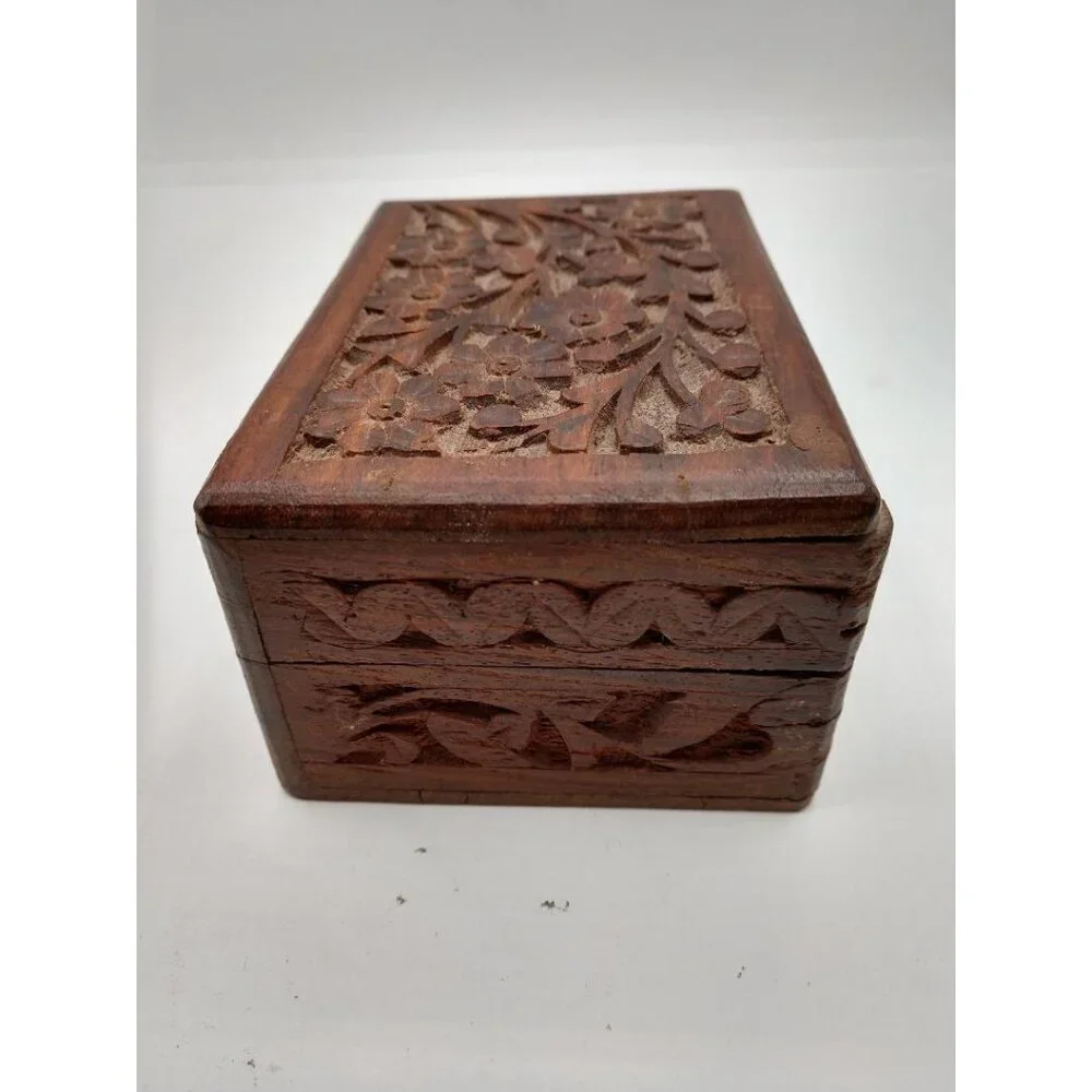 Hand-Carved Floral Wooden Keepsake Box With Hinged Lid